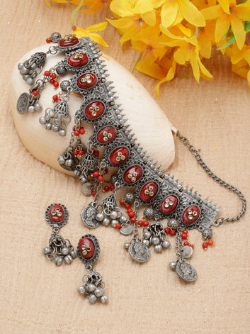 Silver-Plated Stone-Studded Necklace & Earrings Set