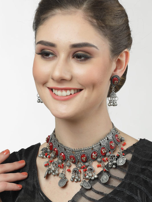 Silver-Plated Stone-Studded Necklace & Earrings Set