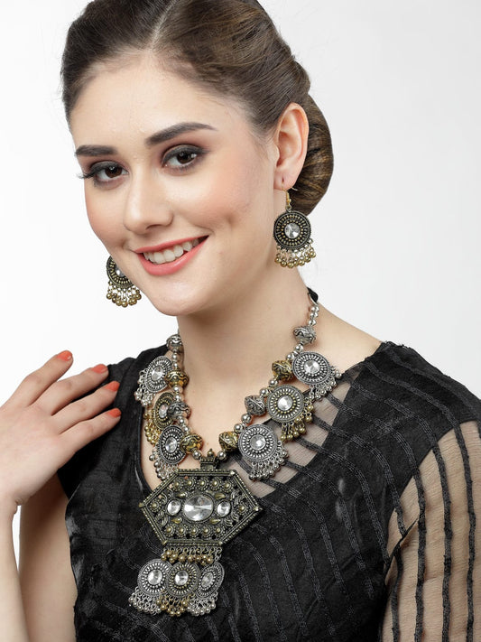 Oxidised Gold-Plated Crystral-Studded & Beaded Jewellery Set