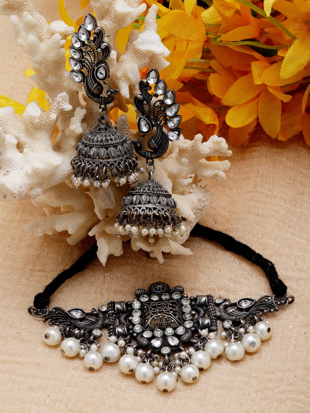 Silver-Plated Stone-Studded and Beaded Oxidised Necklace & Earrings Set