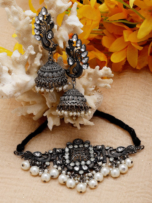 Silver-Plated Stone-Studded and Beaded Oxidised Necklace & Earrings Set