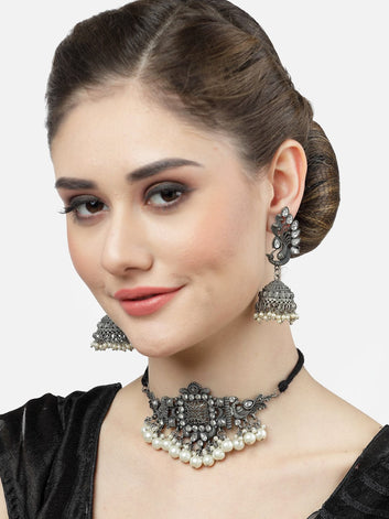 Silver-Plated Stone-Studded and Beaded Oxidised Necklace & Earrings Set