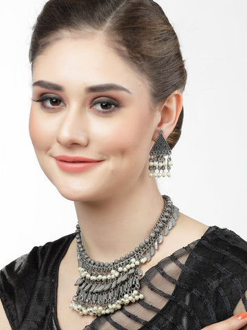 Oxidised Silver-Plated Pearl-Beaded Jewellery Set