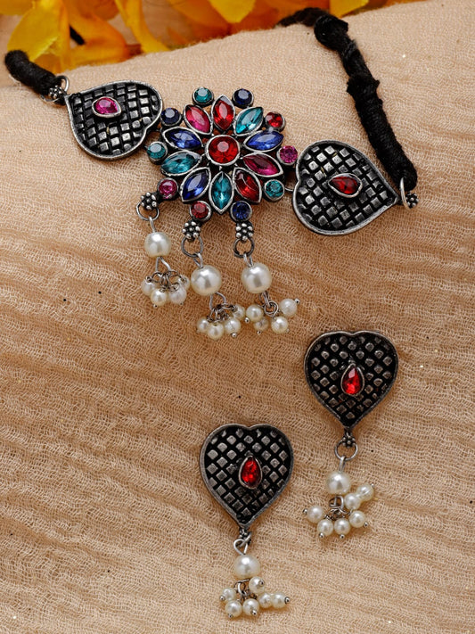 Silver-Plated Crystal-Studded & Pearl Beaded Jewellery Set