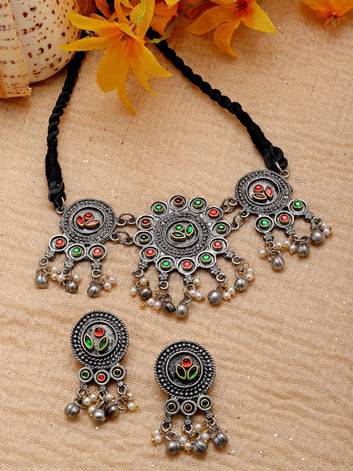 Silver-Plated Crystal-Studded Oxidised Jewellery Set