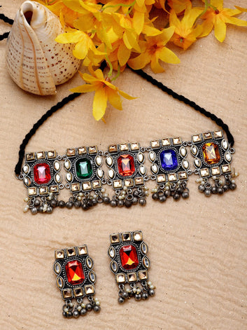 Silver-Plated Crystal-Studded Necklace & Earrings Set