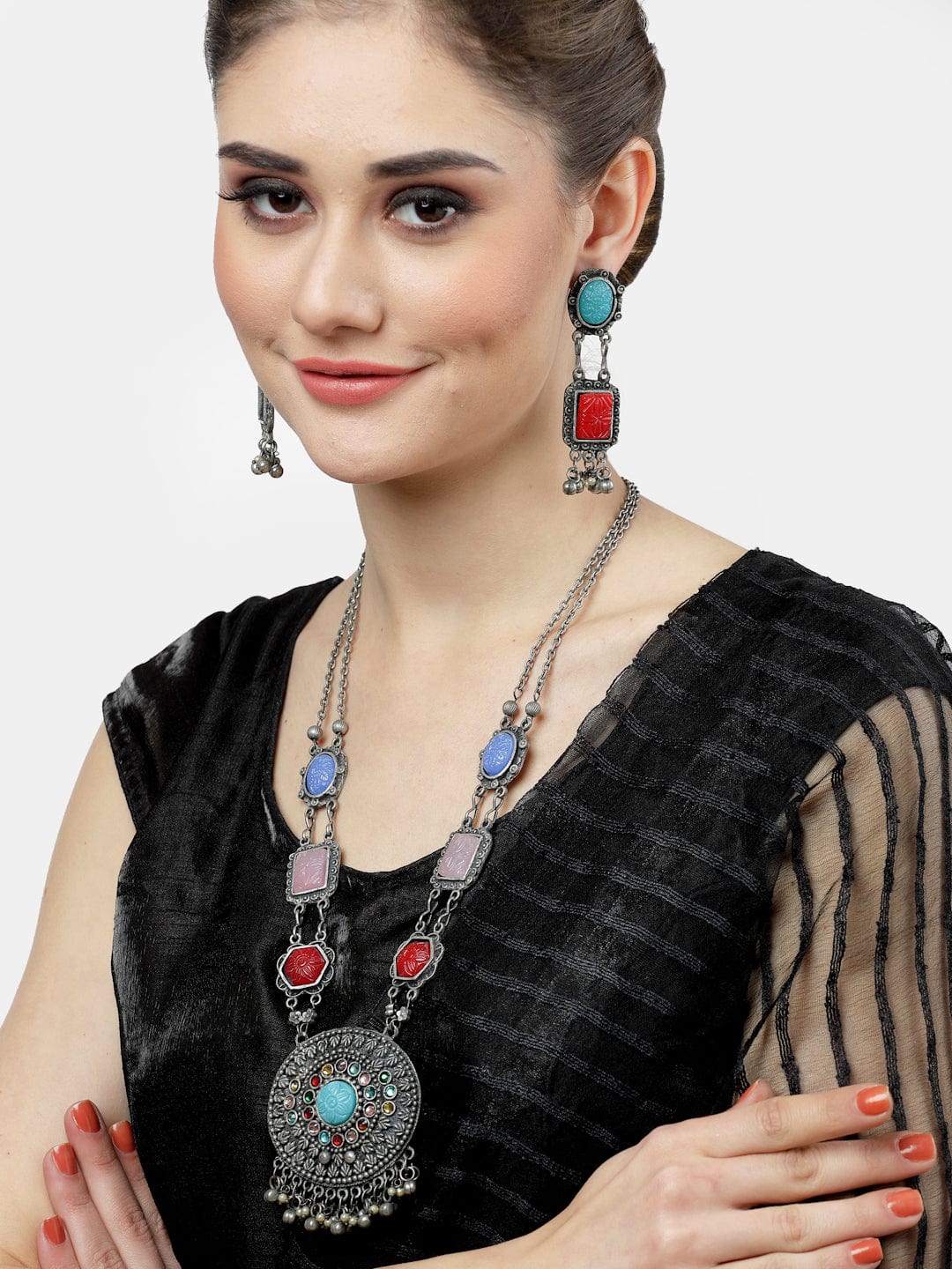 Silver-Plated Stone-Studded Jewellery Set