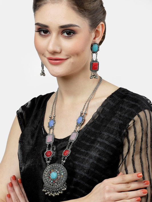 Silver-Plated Stone-Studded Jewellery Set