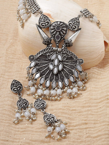 Silver-Plated Mirror & Pearls Beaded Afghan Jewellery Set