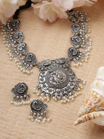 Silver-Plated Pearl-Oxidised Jewellery Set