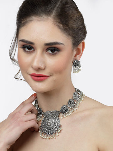 Silver-Plated Pearl-Oxidised Jewellery Set