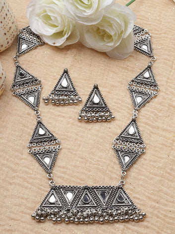 Silver-Plated Stone-Studded Mirror Oxidised Jewellery Set