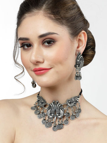 Silver-Plated Tasselled Temple Jewellery Set