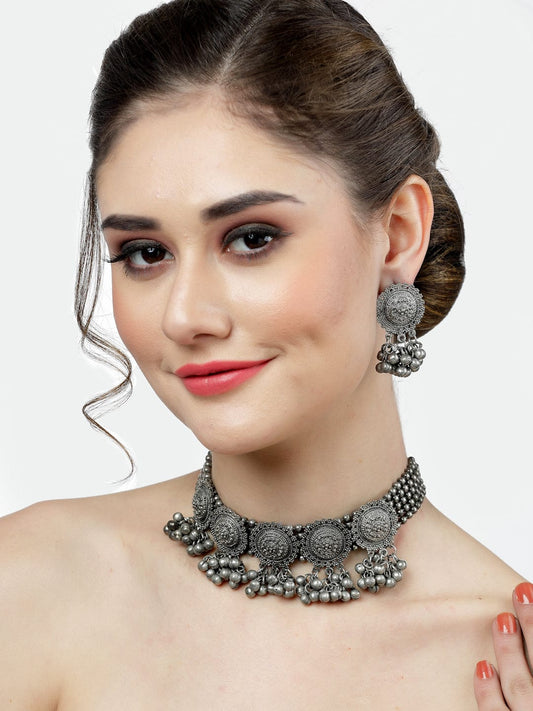 Silver-Plated Oxidised Necklace & Earrings Set