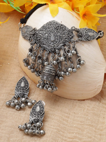 Silver-Plated Ghungroo-Studded & Beaded Oxidised Jewellery Set