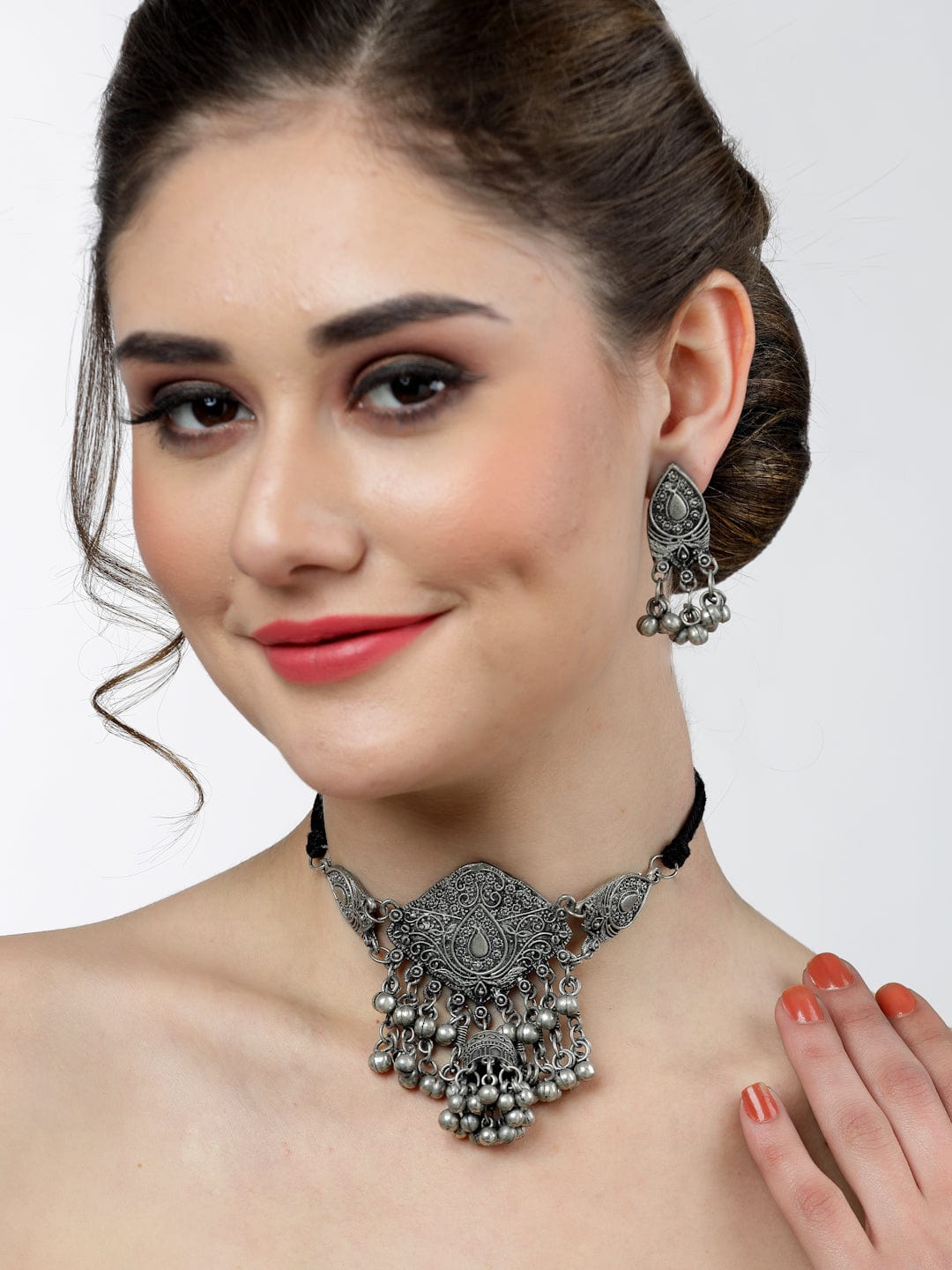Silver-Plated Ghungroo-Studded & Beaded Oxidised Jewellery Set
