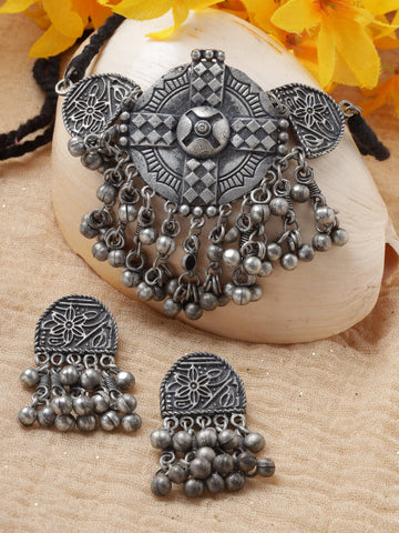 Oxidised Silver-Plated Tribal Choker Necklace and Earrings Set
