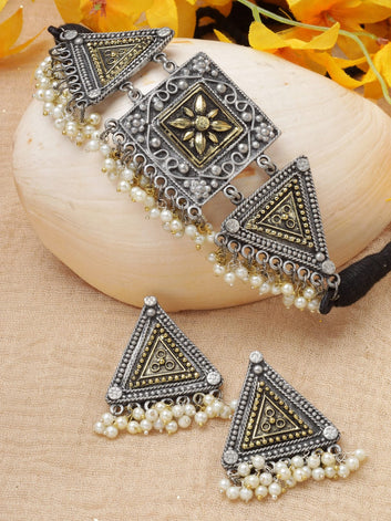 Oxidised Silver-Plated Pearl-Beaded Jewellery Set