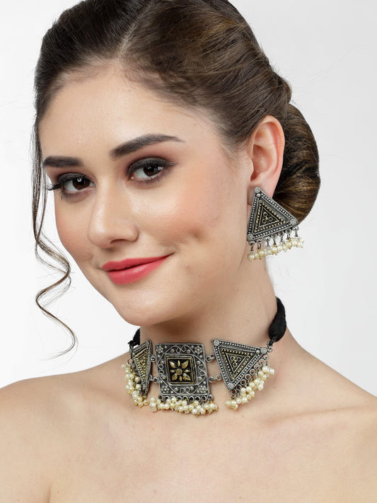 Oxidised Silver-Plated Pearl-Beaded Jewellery Set