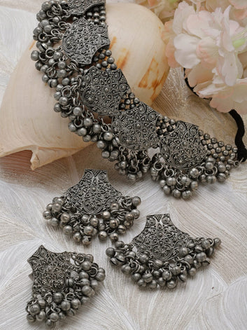 Silver-Plated Oxidised Necklace & Earrings Set With Finger Ring