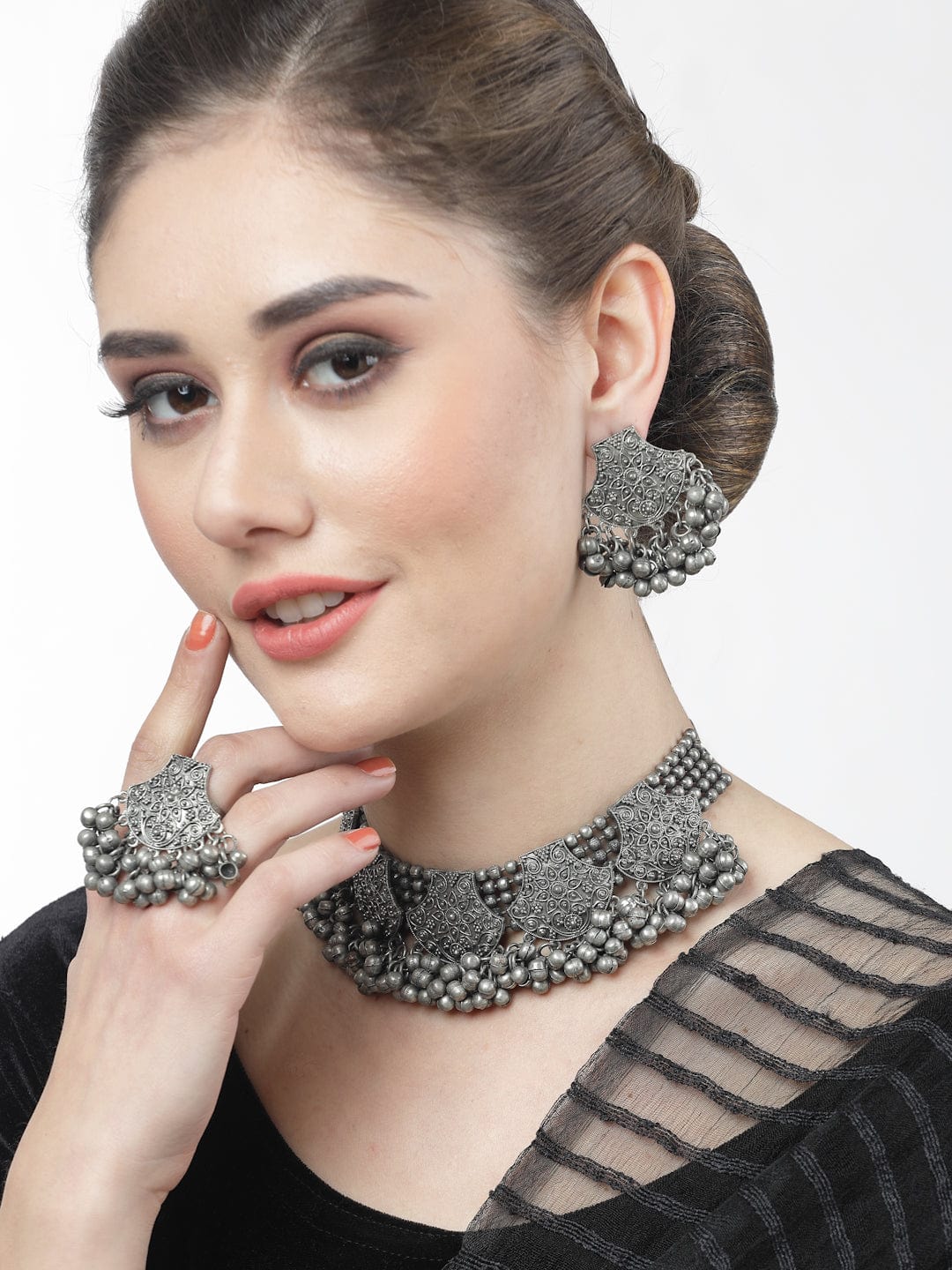Silver-Plated Oxidised Necklace & Earrings Set With Finger Ring