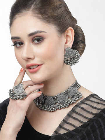 Silver-Plated Oxidised Necklace & Earrings Set With Finger Ring