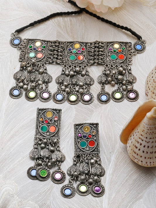 Silver-Plated Mirror & Crystal Tasselled Jewellery Set