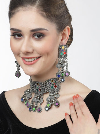 Silver-Plated Mirror & Crystal Tasselled Jewellery Set