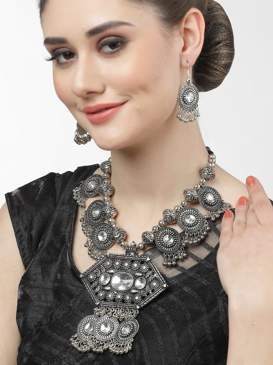 Silver-Plated Crystal-Studded & Beads Jewellery Set