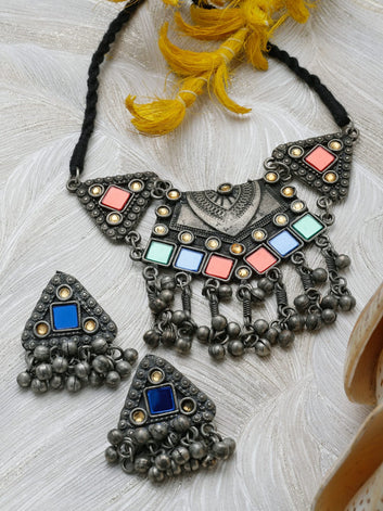 Silver-Plated Crystal-Studded & Beaded Oxidised Jewellery Set