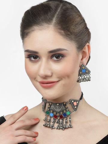 Silver-Plated Crystal-Studded & Beaded Oxidised Jewellery Set