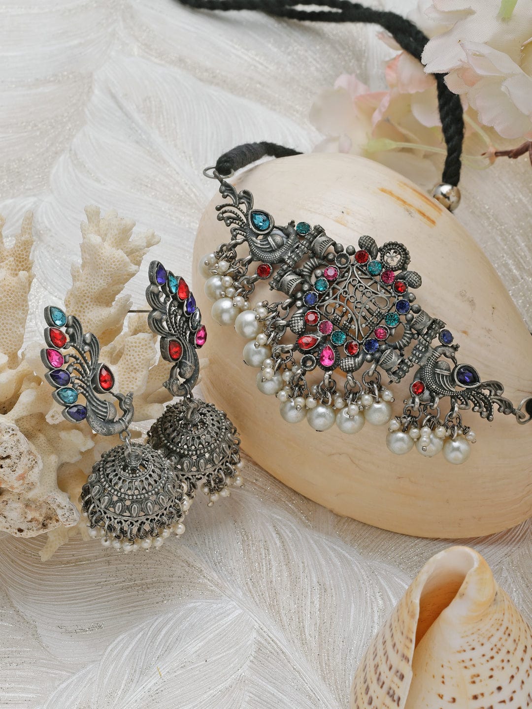 Silver-Plated Crystal-Studded Oxidised Jewellery Set