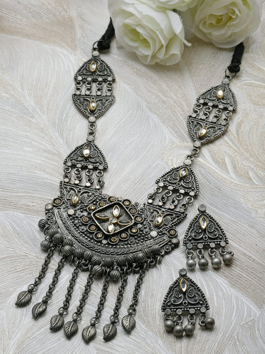 Silver-Plated Crystal-Studded Oxidised Jewellery Set