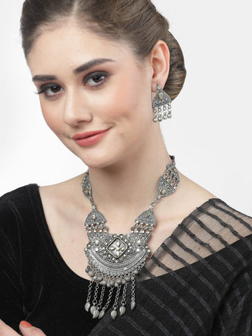 Silver-Plated Crystal-Studded Oxidised Jewellery Set