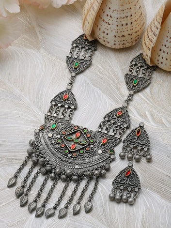 Silver-Plated Crystal-Studded Antique Oxidised Jewellery Set