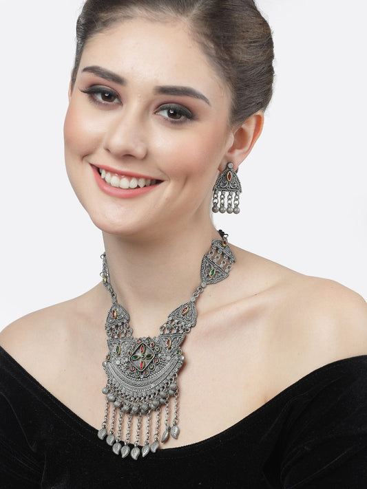 Silver-Plated Crystal-Studded Antique Oxidised Jewellery Set