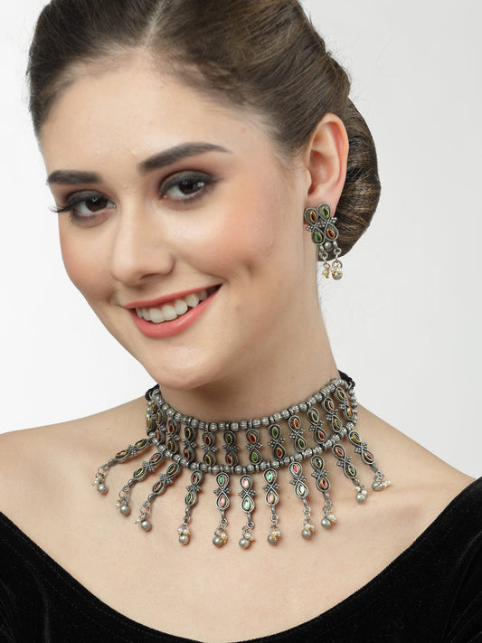 Silver-Plated Crystal & Artificial Beads Jewellery Set