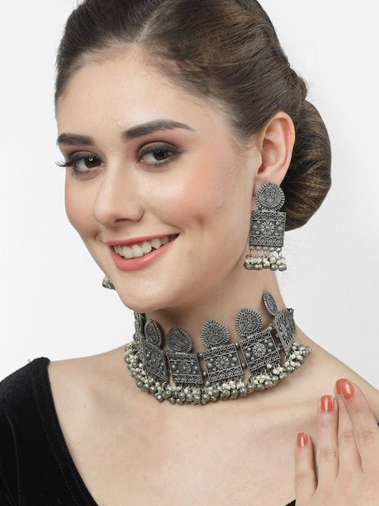 Silver-Plated Pearls & Ghungroo Studded Jewellery Set