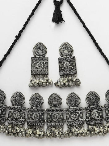 Silver-Plated Pearls & Ghungroo Studded Jewellery Set