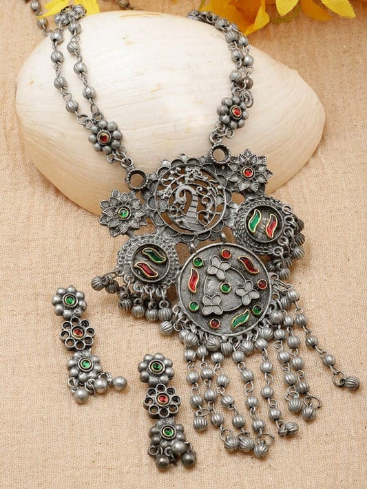 Silver-Plated Stone-Studded Oxidised Necklace & Earrings Set