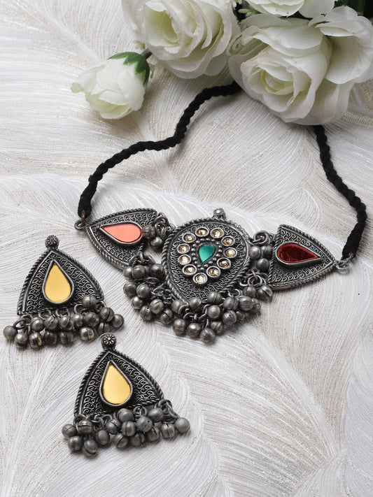 Mirrors-Studded Oxidised Antique Jewellery Set