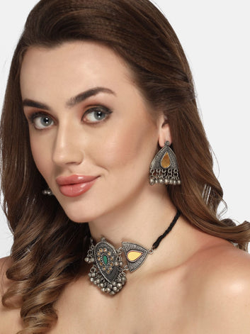 Mirrors-Studded Oxidised Antique Jewellery Set