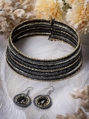 Black and Golden Handcrafted Beaded Chokar Jewellery Set