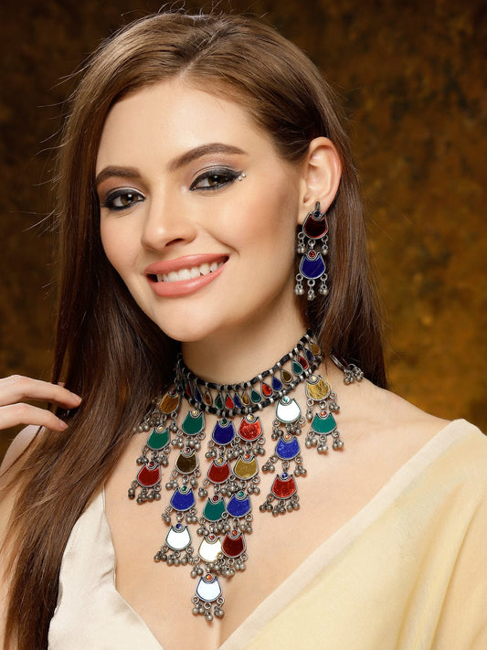 Multi Color Mirror Studded Layered Chokar Necklace Set