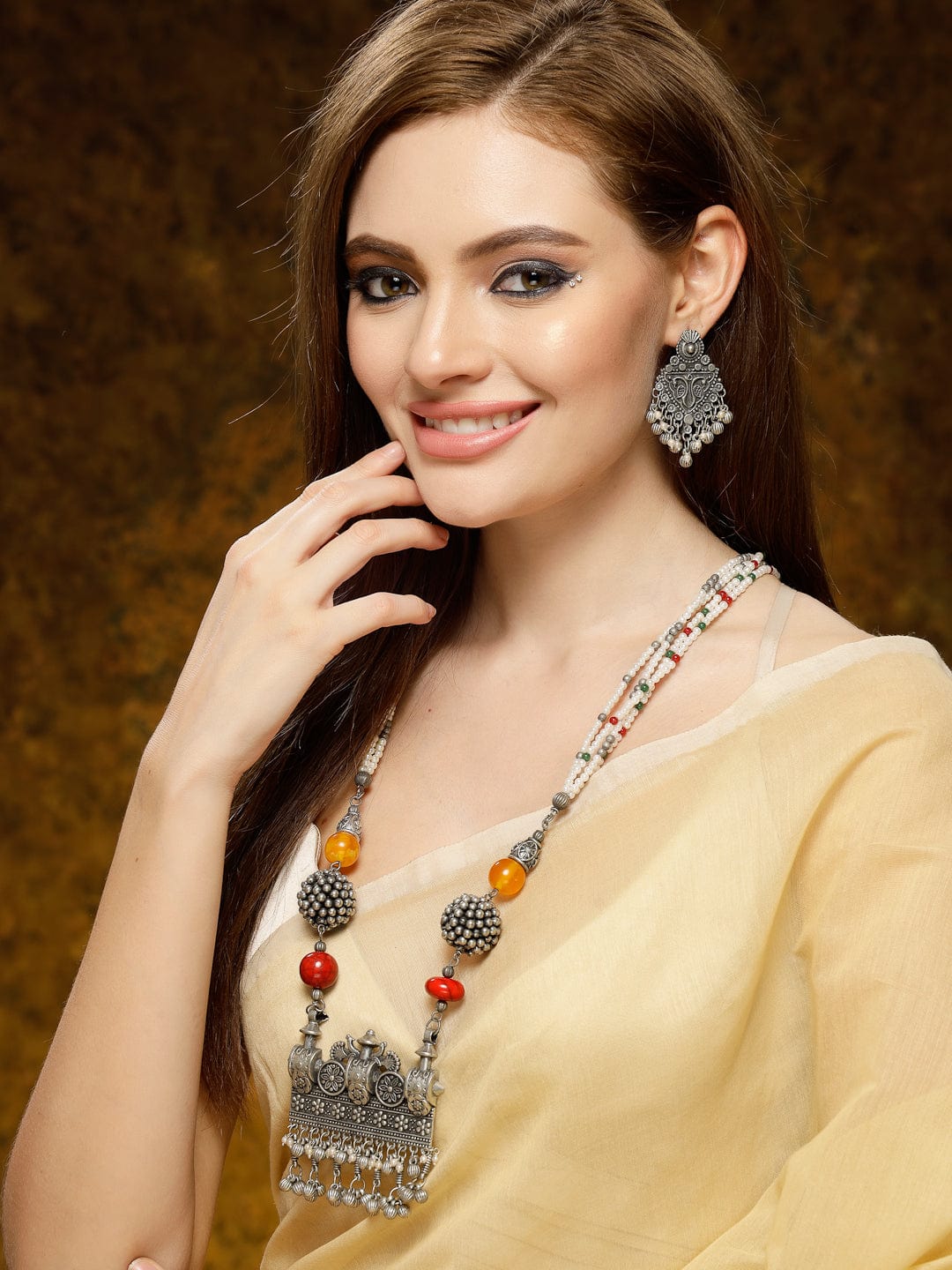 OXIDISED GHUNGROO BALLS STUDDED PENDENT NECKLACE SET
