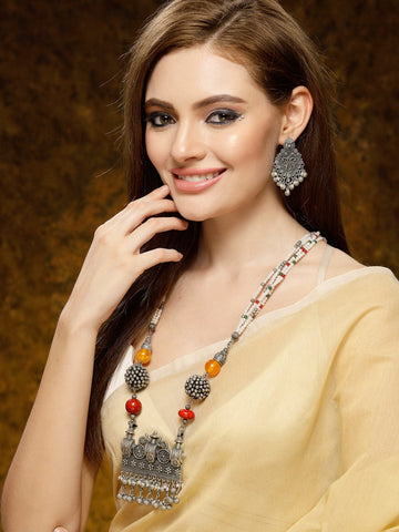 OXIDISED GHUNGROO BALLS STUDDED PENDENT NECKLACE SET