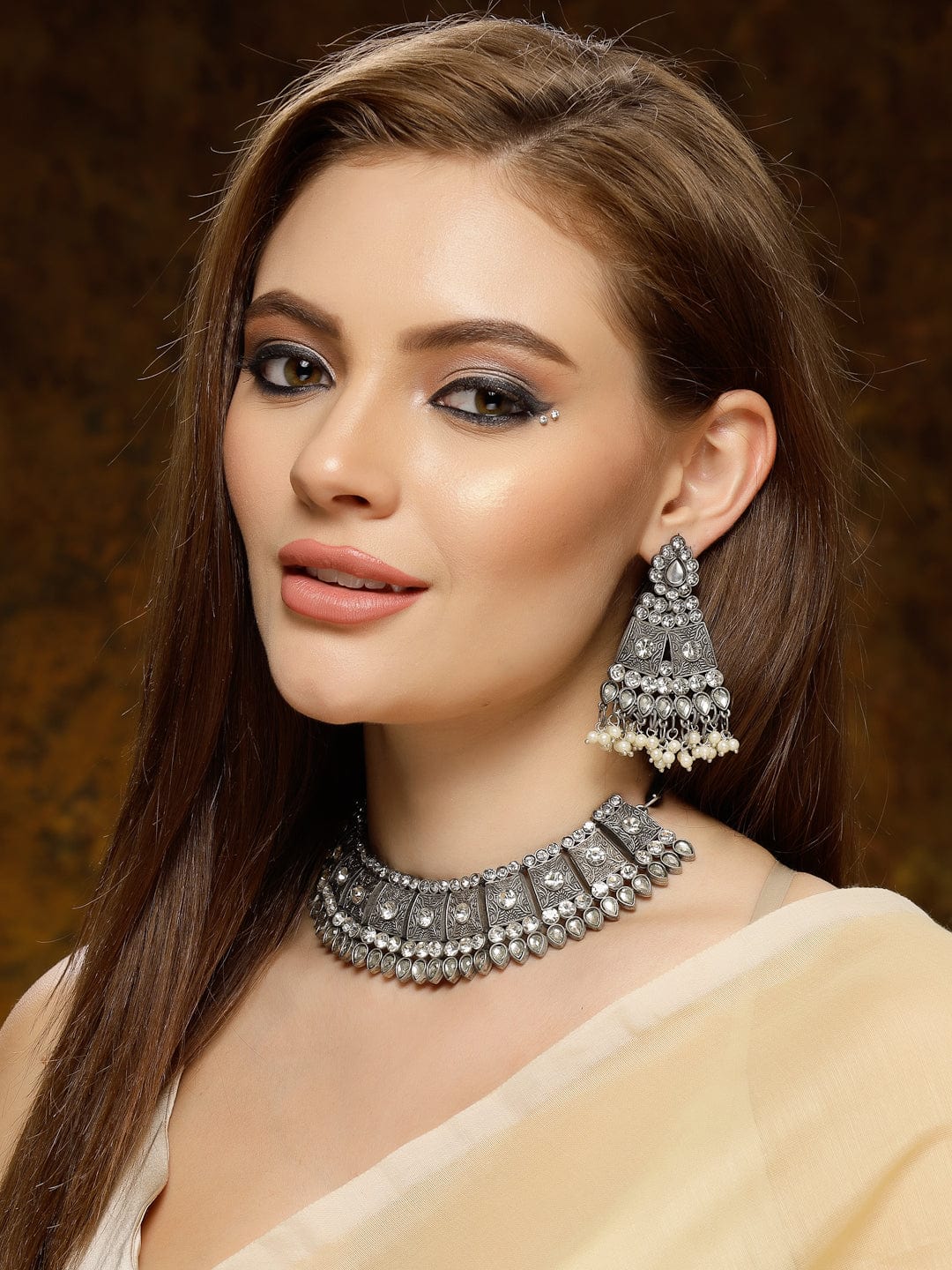 OXIDISED STONE STUDDED CHOCKER NECKLACE SET