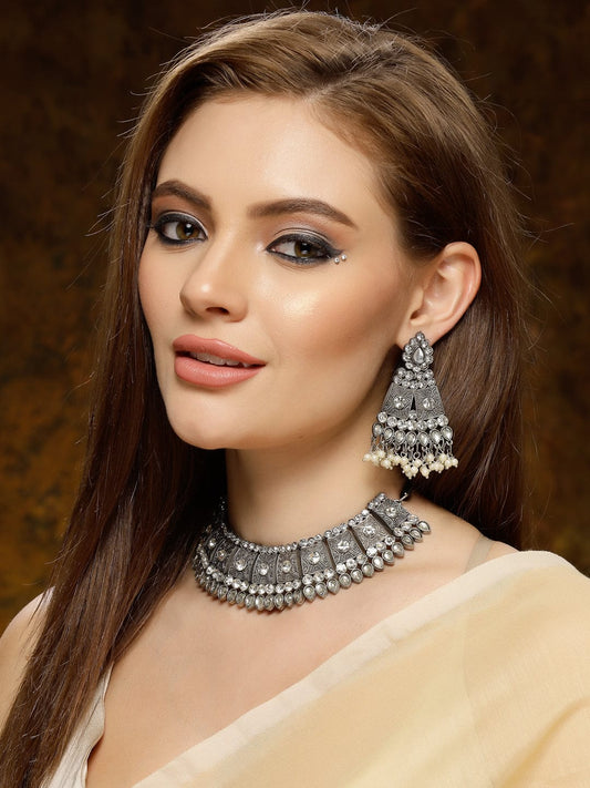 OXIDISED STONE STUDDED CHOCKER NECKLACE SET