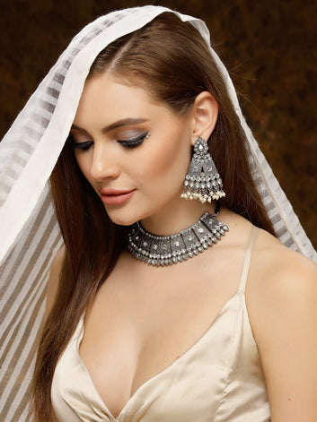 OXIDISED STONE STUDDED CHOCKER NECKLACE SET