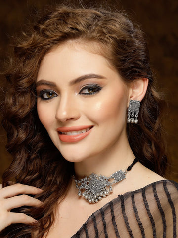 Ghungroo Studded Floral Filigree Design Oxidised Silver Plated Antique Jewellery Set